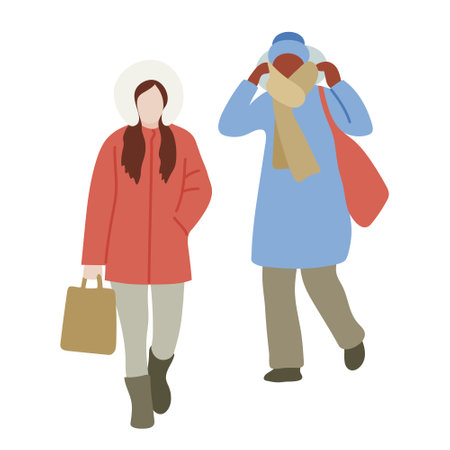 Two women in warm clothes with bags walking down the street in cold weather. Isolated on white flat vector illustrationのイラスト素材