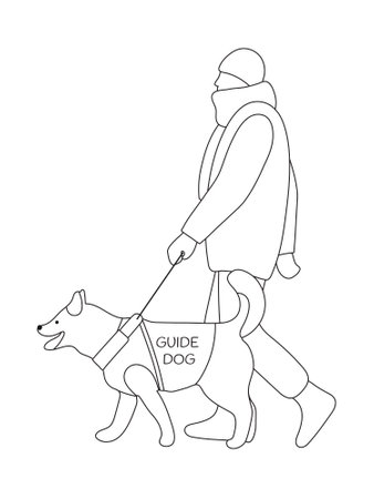 Blind Person Walking With A Guide Dog Assistant Outdoor In Cold Weather. Outline Black Drawing Isolated On White. Vectorのイラスト素材