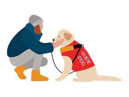 Girl In Hat And Coat Sitting With Guide Dog For Blind People. Vector Illustration Isolated On White. Flat Styleのイラスト素材