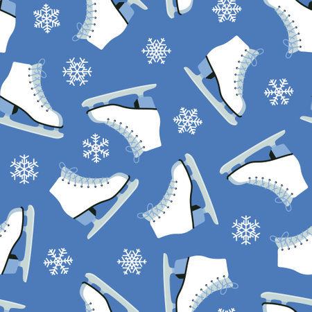 Blue Winter Seamless Pattern Of Ice Figure Skates And White Snowflakes. Wrapping Paper, Textile, Wallpaper. Vectorのイラスト素材