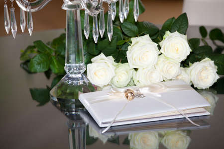 Wedding or event guest book with hearts on a tableの写真素材