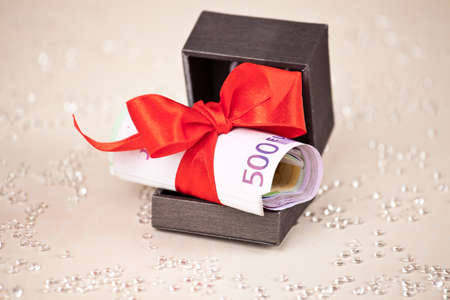 Euro Banknotes with Ribbon in gift boxの写真素材