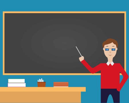 Illustration vector design of teacher is teaching in the class room with blank space on the black board. It is also suitable for teacher's day for filling the quotes.のイラスト素材