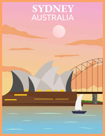 Illustration vector design of retro and vintage travel poster of Sydney, Australia.のイラスト素材