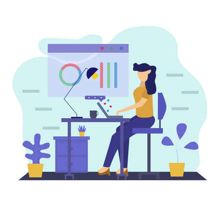 Illustration vector design of woman's working on laptopのイラスト素材