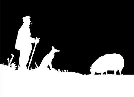 Vector Shepherd with Dog and Sheep Silhouetteのイラスト素材