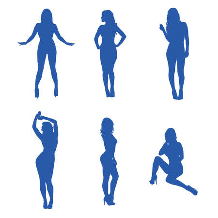 Women in Various Poses Silhouette Blue Versionのイラスト素材