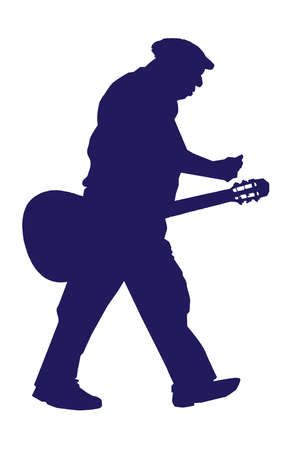 Old Walking Musician with Acoustic Guitar Silhouetteのイラスト素材