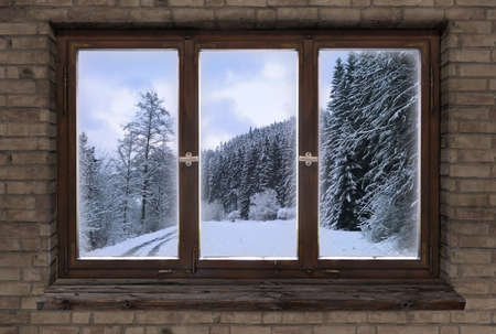 old antique wood window frame in winter