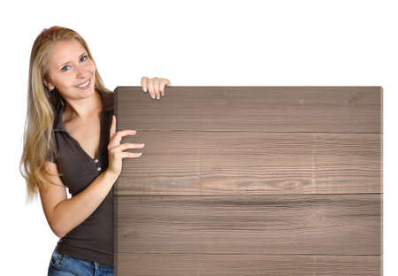 blonde sexy woman smile wooden sign isolatedの写真素材