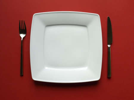 Arrangement of a white diner plate with fork and knife