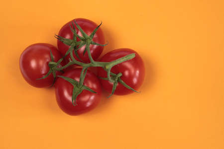 Fresh tomatoes on a yellow background with copy spaceの写真素材