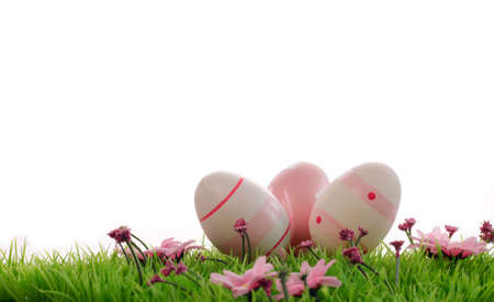 Easter eggs on green meadow with space for text