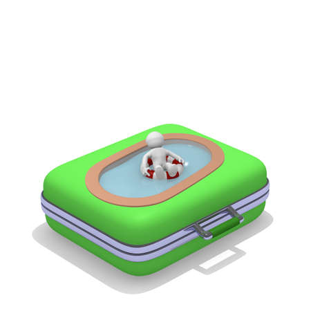 Man in a pool on a green luggageの写真素材