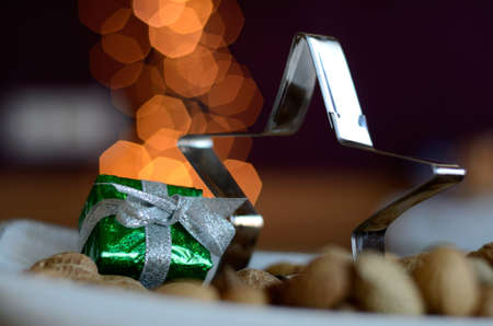 Baking tin with blurred lights, Christmas bakery conceptの写真素材