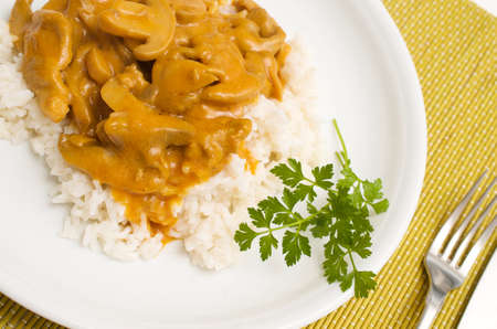 Zurich ragout with rice on a white plateの写真素材