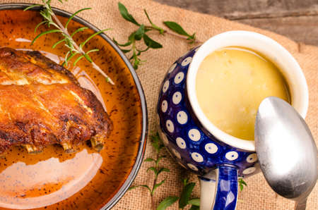 Soup of peas with grilled spare ripsの写真素材