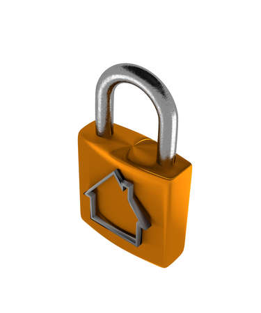 3d protection concept, golden padlock with house shapeの写真素材