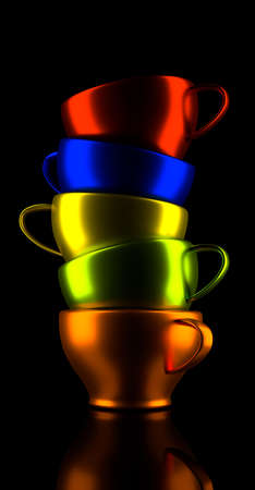 Pile of colorful coffe cups on a black background with reflectionsの写真素材