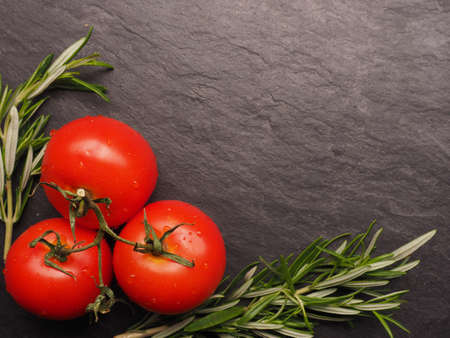 Fresh red tomatoes with rosemary twigs on a dark slate backgroundの写真素材