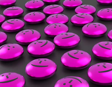 Many glossy pink buttons with a smiling face, happiness concept 3d renderingの写真素材