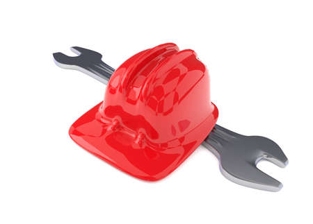 Red construction helmet with a wrench on a white background, 3d rendering, safety concept