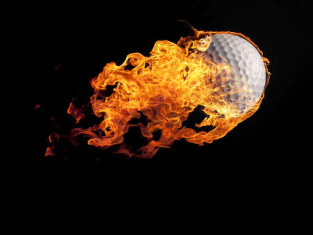 Close up of a burning golf ball flying on a black background