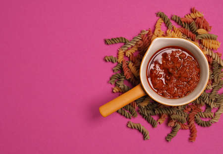 Pasta or noodles background, Italian food concepts, view from aboveの写真素材