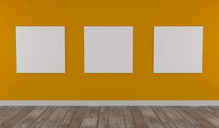 Modern interior with three canvas on a yellow wall, mock up poster, 3d renderingの写真素材