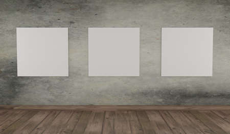 Modern interior with three canvas on a concrete wall, mock up poster, 3d renderingの写真素材