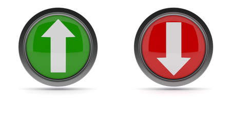 Steel buttons with up and down arrow on a white background, 3d rendering