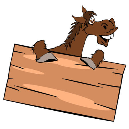 Happy cute horse with a wooden sign on a white backgroundのイラスト素材