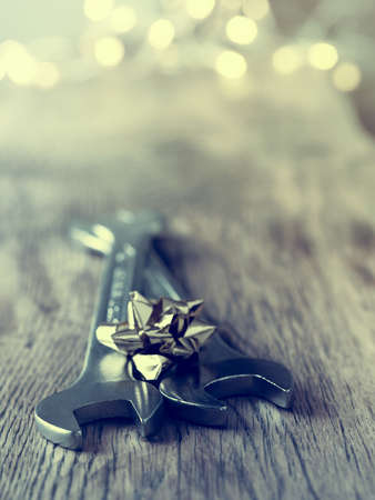 Christmas background on a rustic wooden tableの写真素材