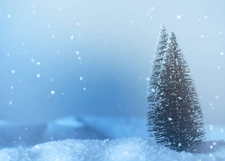 Winter landscape with two trees colored in cold blue with space for text or imageの写真素材