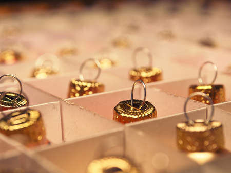 Close up of Christmas baubles in a box, detail with selective focus using as seasonal backgroundの写真素材