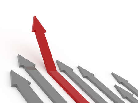 Red rising arrow on a white background, upswing concept, 3d rendering