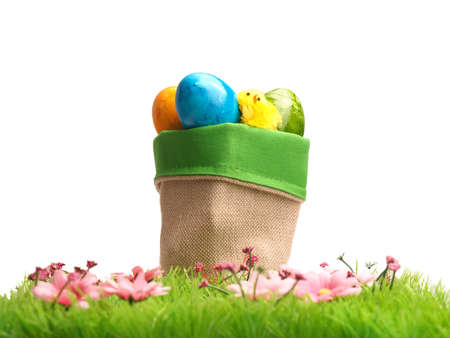 Colored Easter Eggs in a bag on a white background