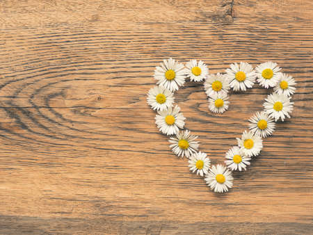 Heart shape of daisies on a wooden background with space for text or imageの写真素材