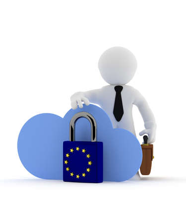Small businessman character with cloud icon and EU Padlock, GDPR concept, 3d renderingの写真素材