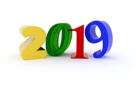 Colorful 2019 on a white background, New Year concept, 3d rendering