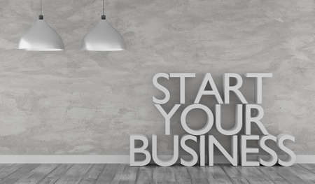 The words start your business in a modern interior, 3d renderingの写真素材