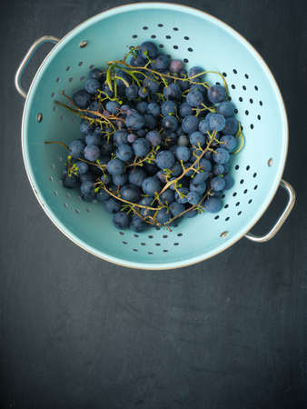 Fresh organic grapes in a colander on a chalkboard, self supply and healthy food