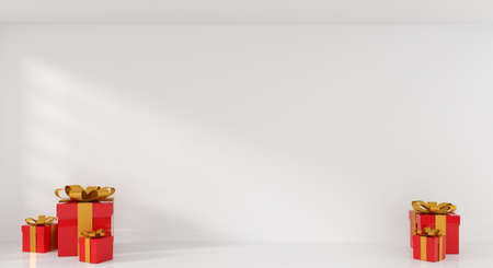 Red Christmas gift boxes with a golden bow in a bright room with space for text or image, 3d...