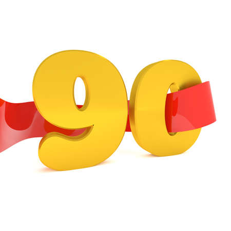 Big golden 90 with a red ribbon, 3d renderingの写真素材