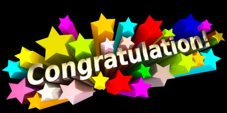 Congratulation with colorful stars on a black background, 3d rendering
