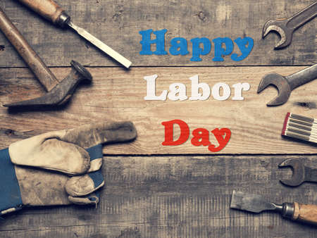 Old used tools on a workbench, Happy Labor Day conceptの写真素材