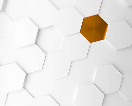 Abstract background with white hexagons and a golden metallic one, 3d renderingの写真素材