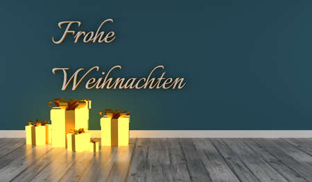 The German words Merry Christmas with glowing gift boxes in a room, 3d renderingの写真素材
