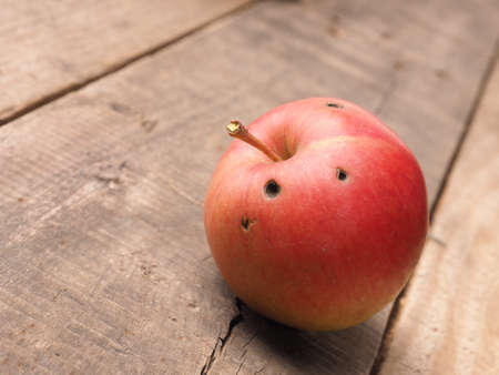 Organic apple on a rustic wooden kitchen tableの写真素材