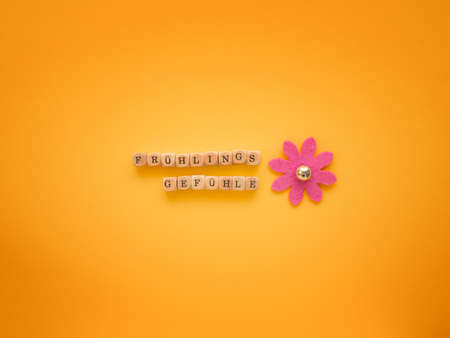 German word spring feelings on wooden blocks  a yellow paper background